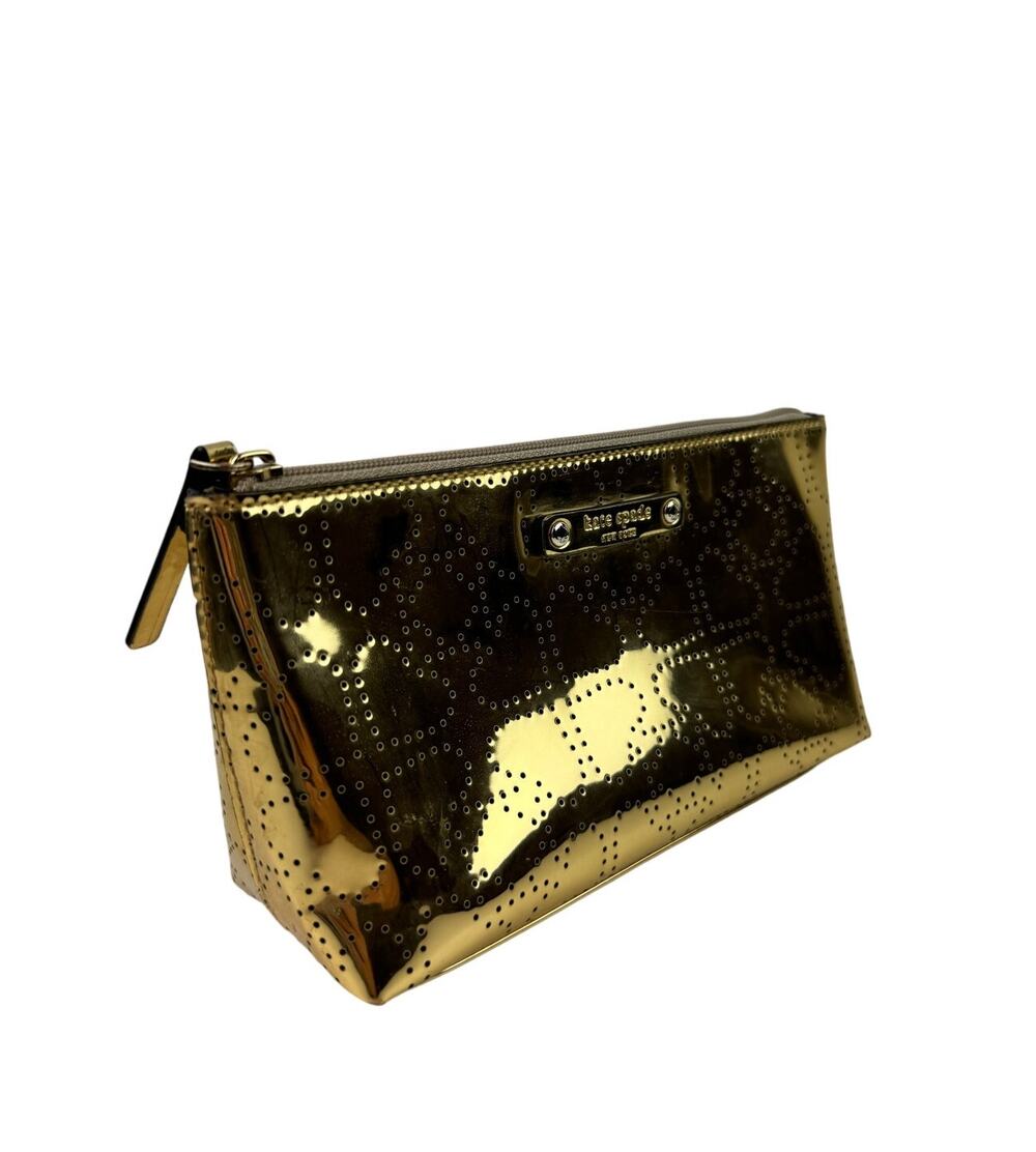KATE SPADE Metro Gold Metallic Perforated Cosmetic Bag Shiny Heart Zip Pouch